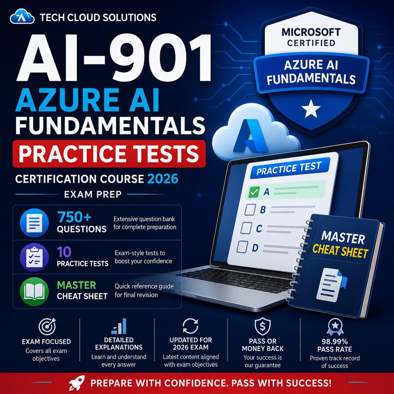Microsoft AI-901 Azure AI Fundamentals Certification Course 2026 | 750 Practice Questions, 10 Mock Tests & Master Cheat Sheet